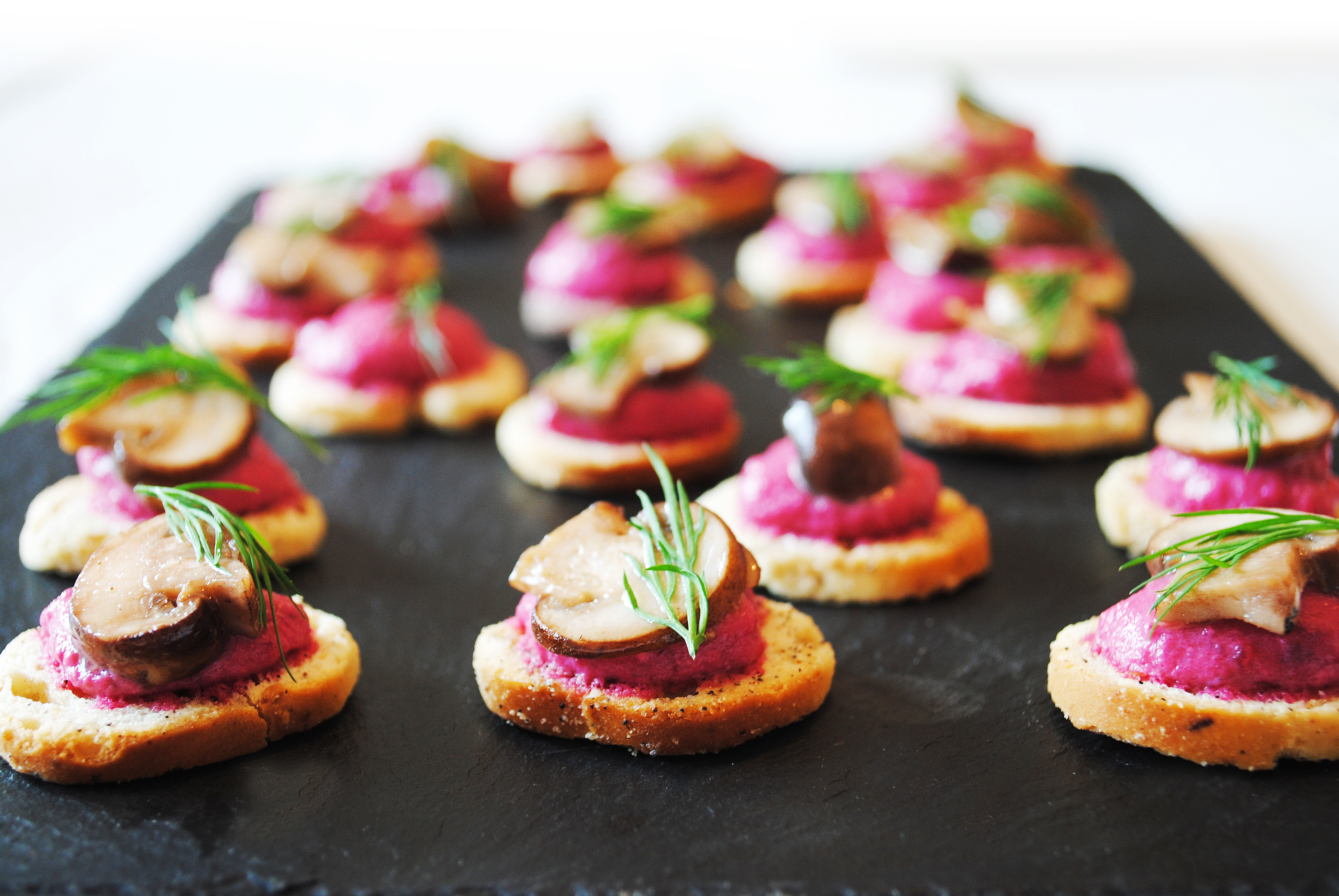 Beetroot, mushroom and dill canapes